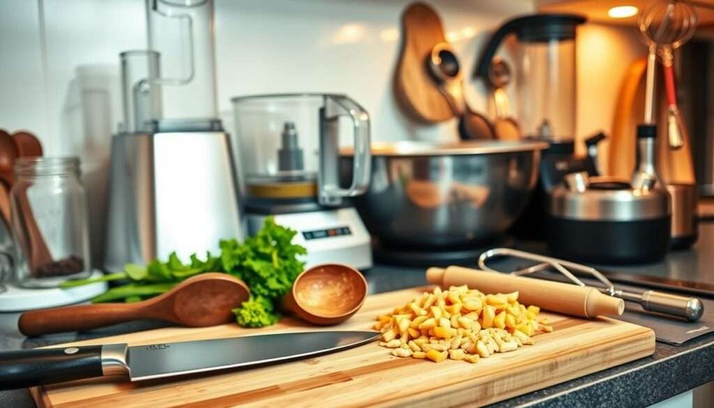 A well-lit kitchen counter showcasing an assortment of essential culinary tools. In the foreground, a sharp chef's knife, a sturdy cutting board, and a large wooden spoon. In the middle ground, a sleek food processor, a classic stainless steel mixing bowl, and a set of measuring cups and spoons. In the background, a high-quality blender, a sturdy rolling pin, and a set of stainless steel tongs. The lighting is soft and even, casting a warm glow across the scene, creating a pleasant and inviting atmosphere. The overall composition emphasizes the importance of having the right tools and utensils to effortlessly prepare a delectable root vegetable dish with creamy peanut sauce.