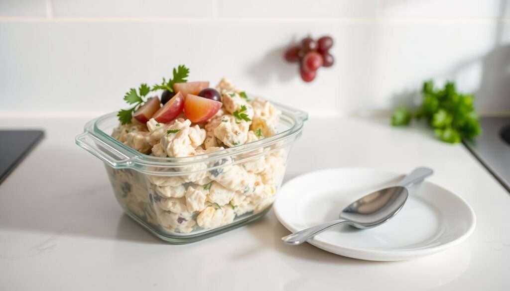 A well-lit kitchen counter with a glass container filled with creamy chicken salad, garnished with fresh parsley and sliced grapes. Next to it, a stainless steel spoon rests on a clean white plate, ready to serve. The background features a minimalist white backsplash, adding a clean, modern feel. Soft, directional lighting from above casts gentle shadows, emphasizing the texture and colors of the dish. The camera angle is slightly elevated, providing a clear, appetizing view of the carefully prepared chicken salad, ready to be stored and reheated for a delicious and easy meal.