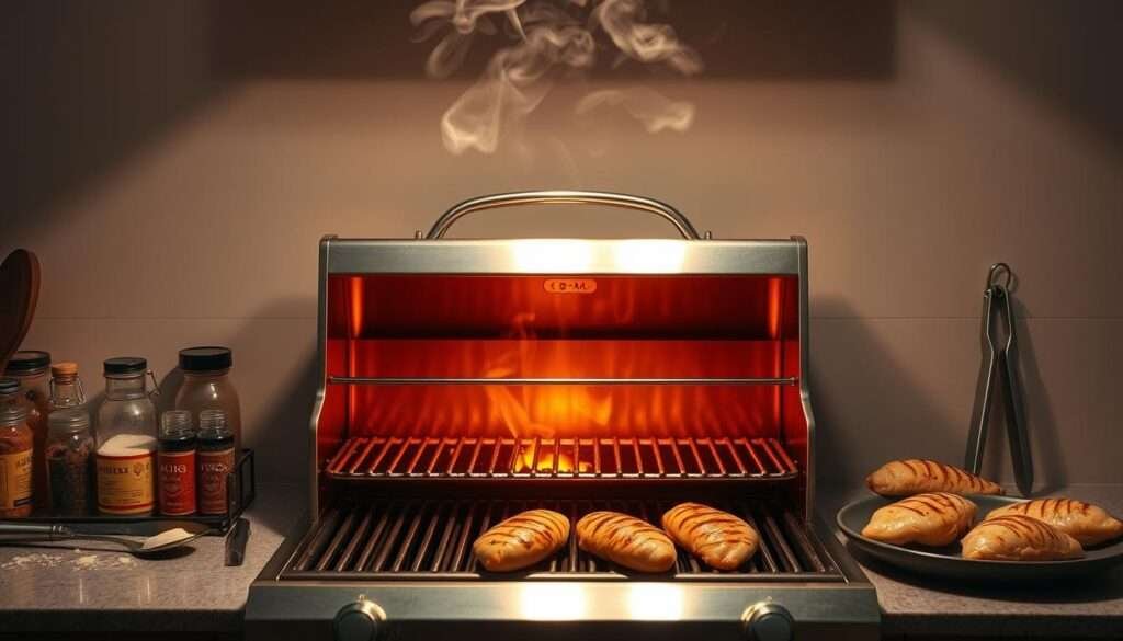 A well-lit kitchen counter with a sleek stainless steel grill at the center, its grates glowing with an intense, fiery orange temperature. Wisps of smoke curl upwards, casting a warm glow on the surrounding area. The grill is surrounded by a collection of seasoning jars, tongs, and a selection of fresh chicken breasts ready for grilling. The lighting is soft and directional, creating dramatic shadows that accentuate the textures of the scene. The overall mood is one of anticipation and culinary mastery, hinting at the delicious grilled chicken to come.