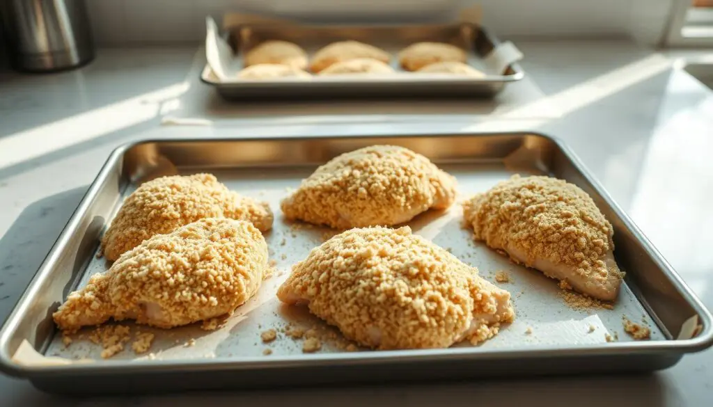 A well-lit kitchen counter, with a tray of freshly breaded chicken breasts, ready for the oven. Crisp, golden-brown breadcrumbs coat the tender chicken, promising a delicious baked dish. In the background, a baking sheet lined with parchment paper awaits the breaded chicken. Bright, natural lighting filters in, casting a warm glow over the scene. The arrangement is composed with care, showcasing the step-by-step process of making the perfect baked chicken parmesan.