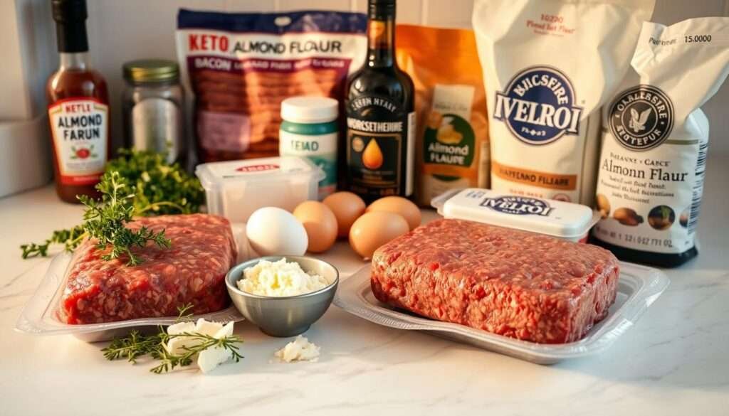A well-lit kitchen counter, with an arrangement of ingredients for a keto meatloaf recipe. In the foreground, a package of ground beef, a bundle of fresh thyme, a small bowl of grated parmesan, and a jar of sugar-free ketchup. In the middle ground, a couple of large eggs, a block of cream cheese, and a bag of almond flour. In the background, a package of thick-cut bacon, a jar of minced garlic, and a bottle of Worcestershire sauce. The lighting is warm and natural, casting soft shadows and highlighting the textures of the ingredients. The overall mood is one of culinary preparation and anticipation for a delicious, low-carb meatloaf dish.