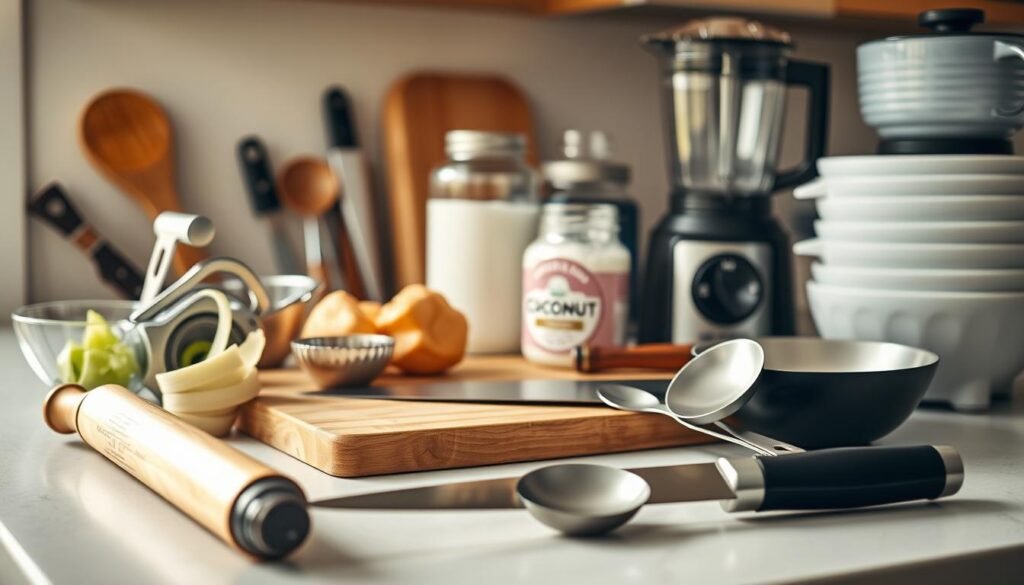 A well-lit kitchen countertop, arranged with an assortment of low-carb cooking tools and utensils. In the foreground, a rolling pin, a handheld spiralizer, and a set of measuring cups and spoons. In the middle ground, a high-quality chef's knife, a sturdy cutting board, and a jar of coconut oil. In the background, a high-powered blender, a food processor, and a set of nested mixing bowls. The lighting is warm and natural, with a soft focus that emphasizes the textures and details of the various kitchen implements. The overall mood is one of culinary organization and efficiency, perfectly suited for crafting delicious low-carb recipes.
