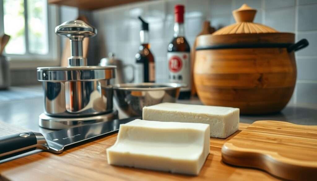A well-lit kitchen countertop, the focus centered on an array of essential tools for tofu preparation. In the foreground, a sharp chef's knife, a sturdy tofu press, and a wooden cutting board. In the middle ground, a stainless steel strainer, a silky soft tofu block, and a traditional Vietnamese clay pot. In the background, a bamboo steamer and a bottle of soy sauce, casting a warm, natural glow. The scene evokes a sense of culinary craftsmanship and the vibrant flavors of authentic Vietnamese cuisine.