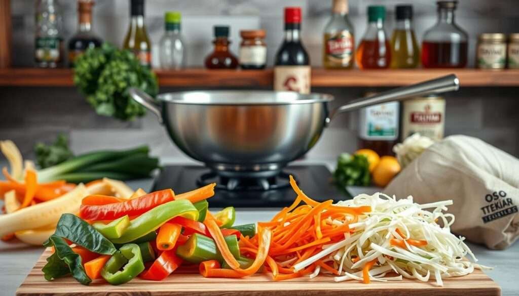 A well-lit still life showcasing an array of fresh, vibrant stir-fry ingredients. In the foreground, a cutting board displays an assortment of sliced bell peppers, carrot ribbons, and thinly shredded cabbage. In the middle ground, a stainless steel wok sits atop a gas burner, ready to sizzle with the addition of protein and sauces. The background features a selection of bottled teriyaki sauce, sesame oil, and other seasonings, artfully arranged on a rustic wooden shelf. The lighting is soft and natural, highlighting the textures and colors of the ingredients, creating an inviting and appetizing scene.