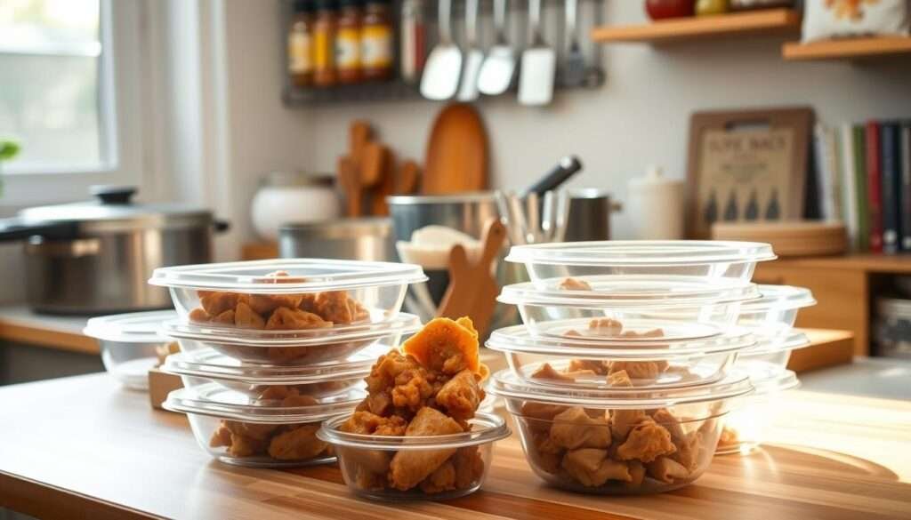 A well-organized kitchen counter with glass food storage containers, meal prep bowls, and a cutting board. In the foreground, a stack of clear plastic containers with lids, showcasing the leftovers of a home-cooked chicken adobo dish. Soft, natural lighting filters in from a nearby window, creating a warm, inviting atmosphere. In the middle ground, a set of stainless steel mixing bowls and utensils, hinting at the preparation process. The background features a wall-mounted spice rack and a few cookbooks, suggesting a well-equipped and thoughtfully organized kitchen space. The overall scene conveys a sense of culinary expertise and the convenience of meal prepping and storing homemade adobo for future enjoyment.