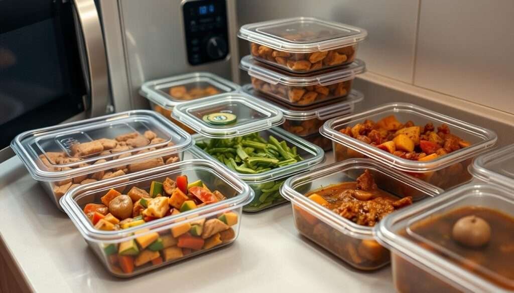 A well-organized kitchen counter with neatly arranged containers of various sizes, some with clear lids, others with opaque lids. The containers are filled with different types of leftovers, including a hearty chicken dish, a vibrant vegetable medley, and a savory stew. A microwave oven stands nearby, ready to reheat the leftovers. The lighting is soft and natural, casting a warm glow on the scene. The overall atmosphere conveys a sense of efficiency and organization, making it easy to store and quickly reheat the delicious leftovers.