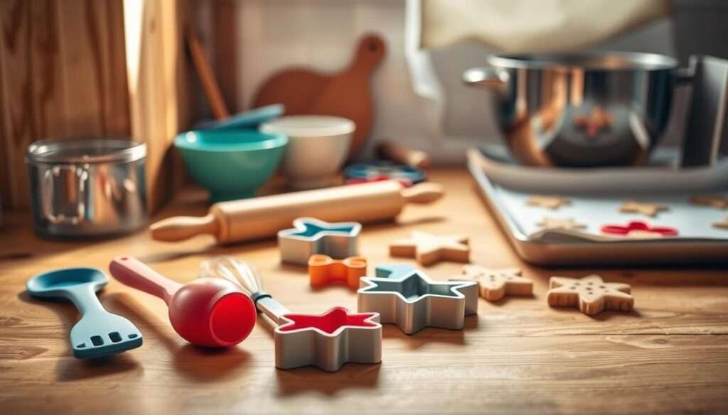 A wooden kitchen counter, bathed in soft, natural light, showcases an assortment of vegan baking tools. In the foreground, a silicone spatula, a whisk, and a set of measuring cups and spoons stand ready. In the middle ground, a rolling pin and a set of cookie cutters in festive shapes are arranged neatly. In the background, a sturdy mixing bowl and a baking sheet with parchment paper hint at the delicious treats to come. The overall scene exudes a sense of warmth, organization, and culinary inspiration, perfectly setting the stage for creating vegan magic cookie bars.