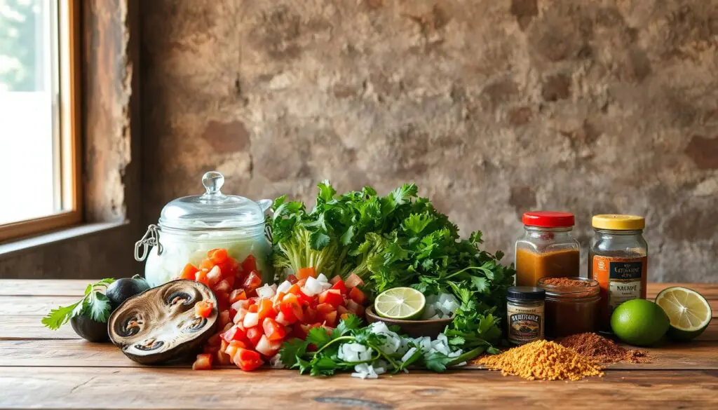 A wooden table against a rustic, textured wall, bathed in warm, natural lighting from a large window. On the table, a collection of vibrant, freshly prepared ingredients for vegan portobello tacos: sliced portobello mushrooms, diced tomatoes, shredded lettuce, diced onions, chopped cilantro, lime wedges, and a selection of spices and seasonings. The ingredients are arranged in an inviting, artful manner, highlighting their colors, textures, and freshness. The overall atmosphere is one of simplicity, authenticity, and culinary delight.
