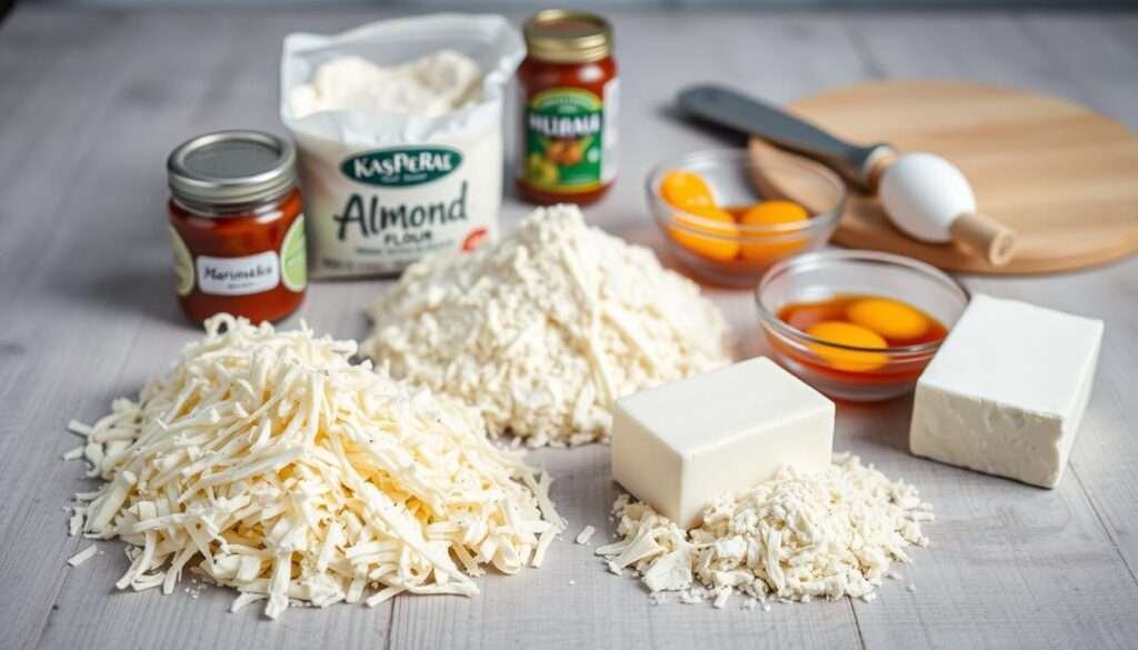 A wooden table with a light gray surface, showcasing an assortment of low-carb pizza ingredients. In the foreground, there are shredded mozzarella cheese, grated Parmesan, and a block of cream cheese. In the middle ground, a pile of almond flour, a jar of marinara sauce, and a bowl of beaten eggs. In the background, a rolling pin, a pizza cutter, and a pizza stone, all bathed in soft, even lighting that accentuates the textures and colors of the ingredients. The overall composition conveys a sense of culinary preparation and the promise of a delicious, keto-friendly pizza.