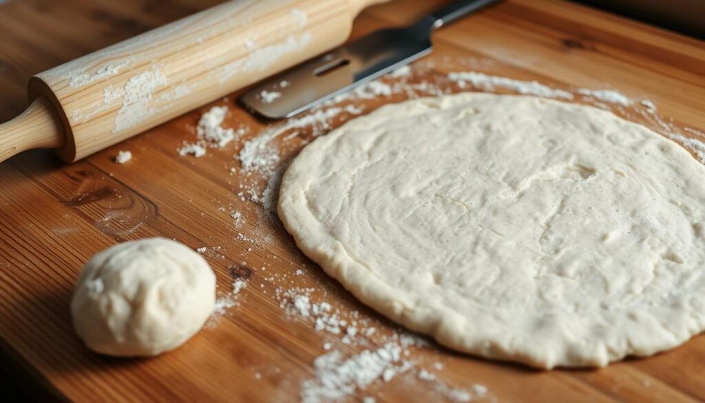 A wooden work surface with a rolling pin, spatula, and a ball of low-carb dough in the foreground. The dough is being kneaded and rolled out into a thin, even sheet using the rolling pin. The lighting is soft and natural, casting gentle shadows and highlights on the ingredients. The overall mood is one of focused, methodical preparation, conveying the care and attention required to make a high-quality low-carb pizza crust.