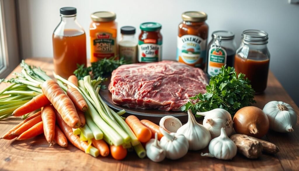 Atop a rustic wooden table, a still life of the essential ingredients for a hearty Keto Beef Stew. In the foreground, a collection of fresh vegetables - carrots, celery, onions, and garlic - arranged in an organized manner. In the middle ground, a slab of high-quality beef, trimmed and ready for the stew pot. In the background, jars of bone broth, tomato paste, and aromatic herbs and spices, all casting warm, soft shadows under natural lighting from a nearby window. The overall mood is one of simplicity, nourishment, and culinary preparation, inviting the viewer to envision the delicious, simmering stew to come.