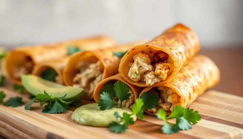 Crisp golden-brown taquitos with a filling of tender shredded chicken and roasted cauliflower florets, arranged on a wooden serving board. Vibrant sprigs of cilantro and a drizzle of creamy avocado sauce add a fresh, flavorful contrast. The taquitos are backlit by soft, diffused light, casting a warm glow and emphasizing their irresistible crunch. Shallow depth of field focuses attention on the foreground, while a blurred background of neutral tones provides a minimalist, appetizing setting. This inviting, mouthwatering scene captures the essence of a delightful air-fryer taquitos dish that is sure to delight.