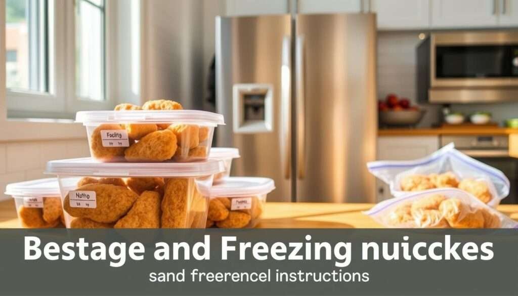 Crisp, vibrant image of storage containers and freezer bags arranged neatly on a wooden surface, sunlight streaming through a window, casting soft shadows. Close-up view showcases the containers' labeling and clear plastic design, highlighting the frozen chicken nuggets inside. Middle ground features a stainless steel freezer unit, its door slightly ajar, revealing additional frozen food items. The background depicts a cozy, minimalist kitchen, with white tile backsplash and stainless steel appliances, conveying a sense of organization and practicality. The overall mood is clean, informative, and visually appealing, perfectly suited to illustrate the "Storage and Freezing Instructions" section of the "Best chicken nuggets recipe" article. Crisp, vibrant image of storage containers and freezer bags arranged neatly on a wooden surface, sunlight streaming through a window, casting soft shadows. Close-up view showcases the containers' labeling and clear plastic design, highlighting the frozen chicken nuggets inside. Middle ground features a stainless steel freezer unit, its door slightly ajar, revealing additional frozen food items. The background depicts a cozy, minimalist kitchen, with white tile backsplash and stainless steel appliances, conveying a sense of organization and practicality. The overall mood is clean, informative, and visually appealing, perfectly suited to illustrate the "Storage and Freezing Instructions" section of the "Best chicken nuggets recipe" article.