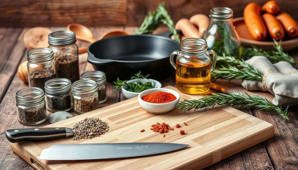 Crisp, well-lit arrangement of cooking tools and ingredients on a rustic wooden surface. Foreground features a cutting board, chef's knife, and various spices in glass jars. Middle ground showcases a cast-iron skillet, wooden spoon, and a small bowl of herbs. Background has a glass jar of olive oil, a bundle of fresh rosemary, and a few chicken sausages. Warm lighting from above casts gentle shadows, creating depth and texture. Composition is balanced, with items arranged in an aesthetically pleasing manner to highlight the culinary theme.