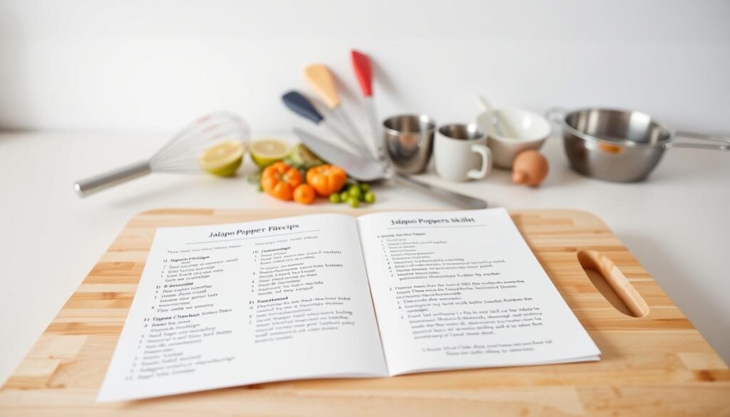 Detailed step-by-step cooking instructions for a Jalapeño Popper Chicken Skillet, presented on a light-colored wooden cutting board. In the foreground, a set of recipe cards with clear, concise steps lay open, showcasing the preparation process. In the middle ground, various kitchen utensils such as a whisk, spatula, and measuring cups are neatly arranged, suggesting an organized cooking environment. The background features a plain, slightly blurred backdrop, allowing the focus to remain on the cooking instructions and tools. The lighting is soft and natural, creating a warm, inviting atmosphere, and the camera angle is slightly elevated to provide a clear, unobstructed view of the scene.