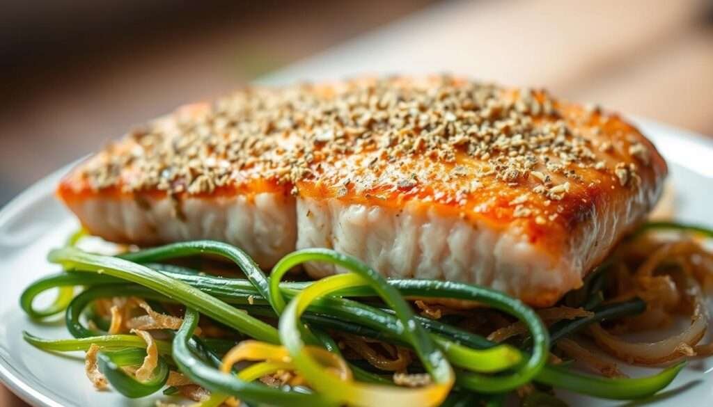 Horseradish-crusted salmon fillet, seared to perfection, resting atop a bed of crispy leeks. The salmon's golden-brown crust glistens under a soft, natural lighting, casting subtle shadows across the plate. In the foreground, the leeks are delicately fried, their emerald green hues and delicate textures creating a visually compelling contrast. The overall composition evokes a sense of culinary elegance and mouthwatering anticipation, enticing the viewer to savor every bite of this delectable dish.
