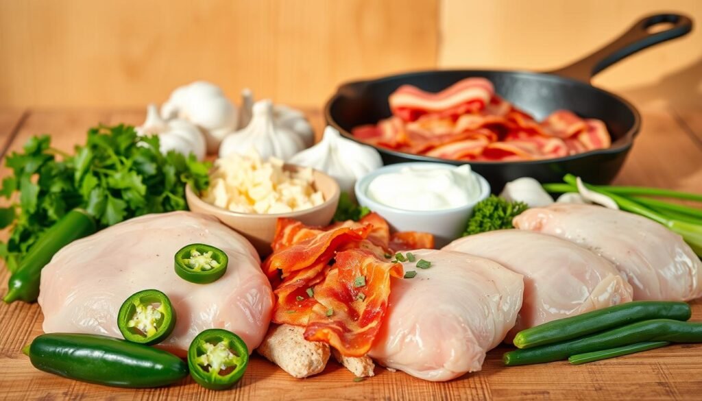 Ingredients for Jalapeño Popper Chicken Skillet: A neatly arranged still life of the key components for a delectable jalapeño popper chicken skillet. In the foreground, succulent chicken thighs, fresh jalapeños, and crispy bacon slices. In the middle, a creamy cheese blend, sour cream, and fresh herbs like cilantro and chives. The background features a cast iron skillet, garlic, and various seasonings against a plain, rustic wooden surface bathed in warm, natural lighting. The overall mood is one of enticing, homemade comfort food with a spicy kick.