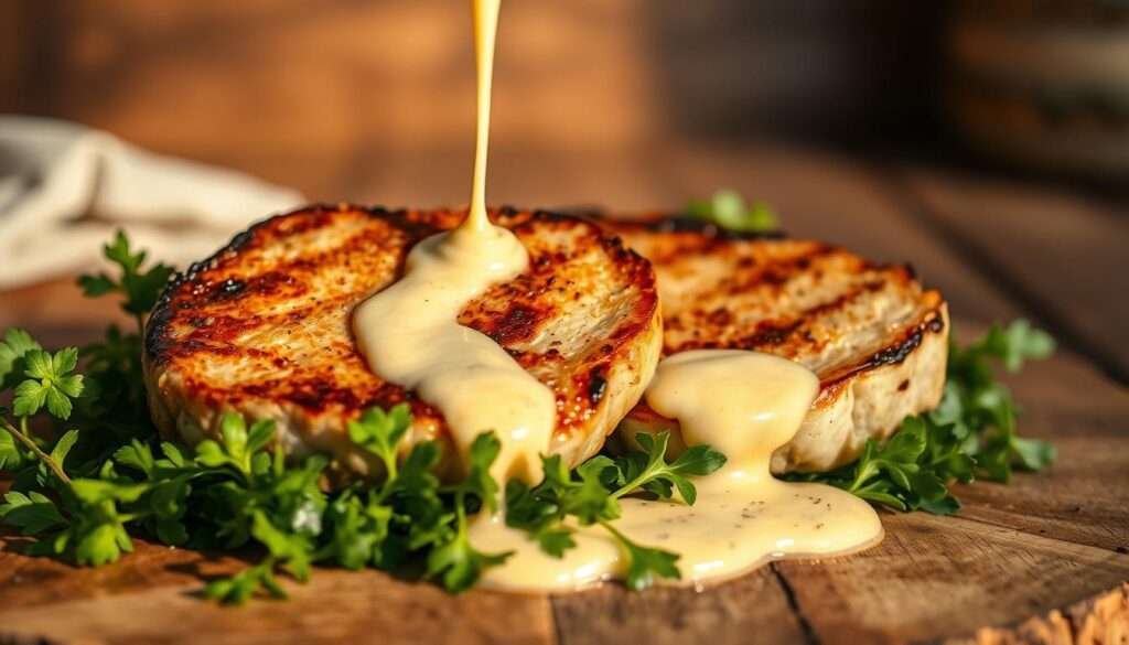 Keto Pork Chops with a golden-brown sear, nestled on a bed of fresh, vibrant green leaves. In the foreground, a creamy garlic sauce drizzles over the tender, juicy pork, glistening under the warm, soft lighting. The background features a rustic wooden table, complemented by natural textures and subtle shadows, creating a cozy, inviting atmosphere. Captured with a shallow depth of field, the focus draws the viewer's attention to the mouthwatering pork chops, showcasing the delectable details of this satisfying, low-carb dish.