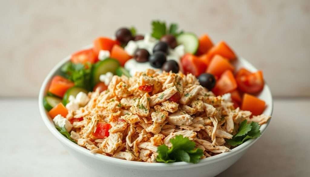 A Mediterranean-inspired low-carb bowl featuring a selection of fresh, colorful ingredients. In the foreground, a pile of shredded roasted turkey, seasoned with a blend of aromatic herbs and spices. Surrounding it, a medley of crisp vegetables, including diced tomatoes, sliced cucumbers, and crumbled feta cheese. In the middle ground, a scattering of Kalamata olives and a dollop of creamy, tangy tzatziki sauce. The background is a neutral, earthy tone, creating a simple, yet sophisticated composition. The lighting is soft and natural, highlighting the vibrant colors and textures of the ingredients. Captured at a slightly elevated angle, the image conveys a sense of wholesome, balanced nutrition.