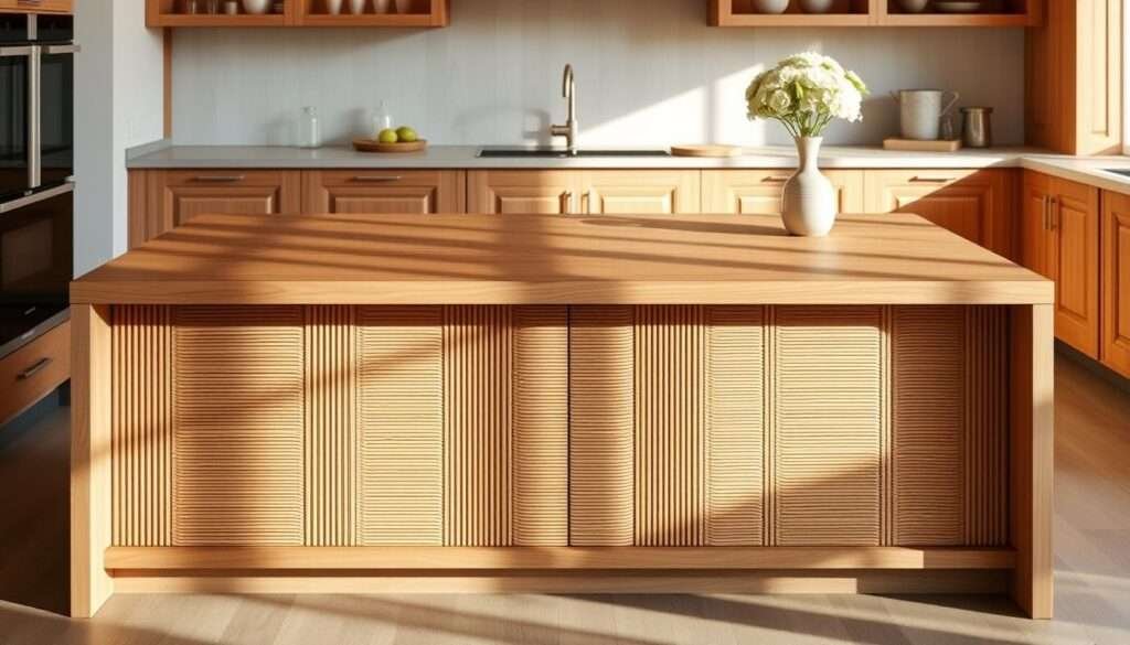 A beautifully crafted kitchen island with a stunning reeded wood surface, set against a backdrop of warm, natural tones. The island's textured panels catch the soft, diffused light, casting elegant shadows that accentuate the grain and add depth to the design. The clean, minimalist lines of the island are complemented by the surrounding cabinetry, creating a harmonious, modern yet timeless aesthetic. The overall scene conveys a sense of refined elegance and timeless sophistication, perfectly suited for the "Reeding Accents: Textured Elegance" section of the "16 Jaw-Dropping Kitchen Designs Perfect for Your 2025 Makeover" article.