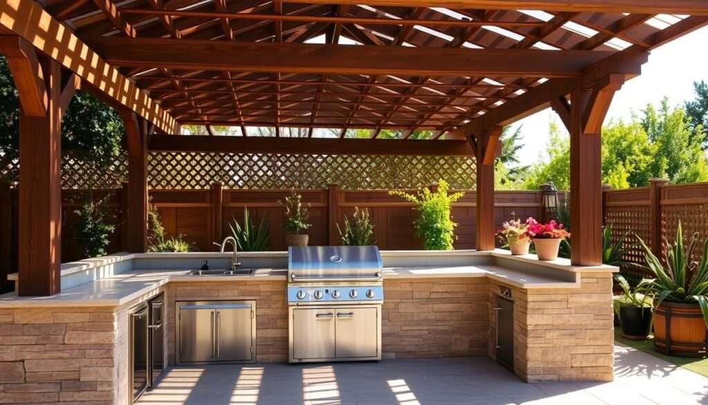 A beautifully designed Blackstone outdoor kitchen, surrounded by a rustic pergola structure. In the foreground, the sleek and modern Blackstone grill stands out, its polished steel gleaming under the warm, golden light. The middle ground features a spacious countertop area with ample prep space, complemented by natural stone or tile accents. Overhead, the pergola's intricate wooden beams and lattice create a charming, sun-dappled canopy, casting gentle shadows across the scene. In the background, lush greenery and potted plants add a touch of vibrant nature, creating a harmonious blend of outdoor living and culinary elegance.