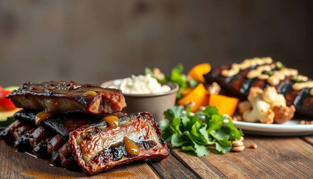 A beautifully lit, close-up image of an assortment of low-carb keto-friendly rib dishes, elegantly presented on a rustic wooden table. In the foreground, a stack of tender, glistening oven-baked ribs, their dark caramelized glaze contrasting against the pale background. Surrounding the ribs, an artful arrangement of roasted vegetables, such as zucchini, bell peppers, and cauliflower florets, drizzled with a rich, creamy sauce. The middle ground features a small bowl of fresh, vibrant green salad leaves, and a sprinkle of toasted nuts or seeds for texture. The background is softly blurred, creating a sense of depth and focus on the main dish. The lighting is warm and natural, casting gentle shadows and highlighting the succulent details of the food.