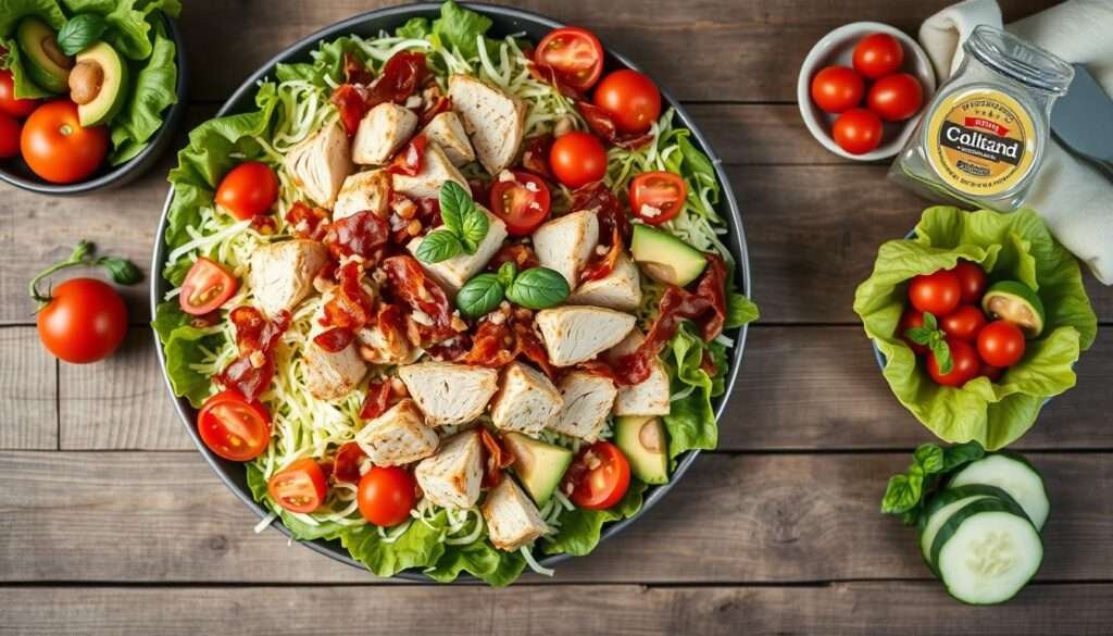 A beautifully styled overhead shot of a rustic wooden table showcasing a bountiful platter of BLT Chicken Salad. The salad is artfully presented, with crisp bacon, juicy tomatoes, and shredded lettuce nestled among tender chicken chunks. Garnishes of fresh basil and sliced avocado add pops of color and texture. The lighting is soft and natural, highlighting the fresh ingredients. In the background, a few simple serving suggestions are displayed, such as crunchy lettuce wraps, halved cherry tomatoes, and slices of cucumber. The overall mood is clean, wholesome, and appetizing, perfectly capturing the essence of this low-carb, keto-friendly dish.