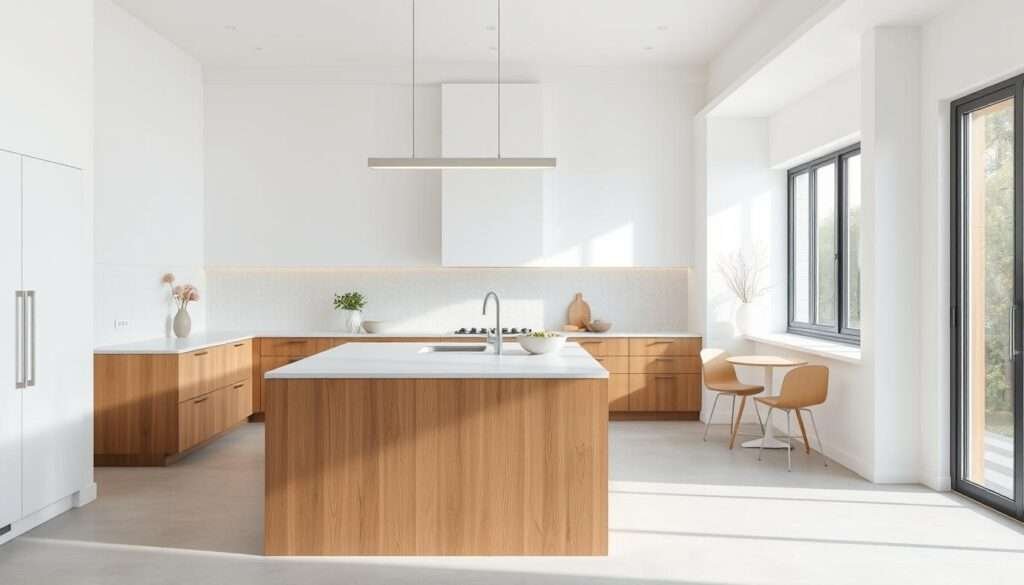 A bright, airy, and minimalist kitchen with clean lines and a harmonious blend of natural materials. The focal point is a sleek, handleless island in warm wood tones, complemented by a light quartz countertop. The backsplash features a subtle textured tile pattern that plays with the play of light. Overhead, a linear pendant light casts a soft, diffused glow, while large windows allow natural illumination to flood the space. The color palette is muted, with a predominance of whites, grays, and natural wood accents, creating a serene and sophisticated atmosphere. The layout is open and conducive to functional workflows, with ample counter space and discreetly integrated appliances.