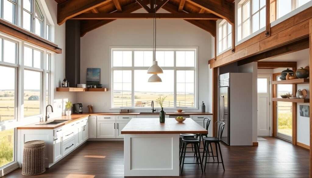 A bright, airy barndominium kitchen with a modern, customizable design. The spacious, open-concept layout features a central island with a wooden countertop, complemented by sleek appliances and a farmhouse-inspired backsplash. Soft, natural lighting filters in through large windows, casting a warm glow on the clean, white cabinetry and wooden accents. The scene exudes a sense of rustic elegance, blending industrial and farmhouse styles seamlessly. The kitchen is positioned to overlook a picturesque pastoral view, creating a harmonious indoor-outdoor living experience.