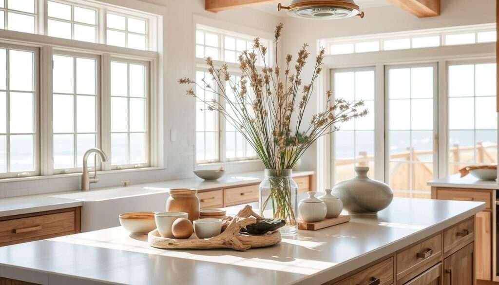 A bright, airy coastal kitchen with natural wood tones, white tile backsplash, and brass hardware. Sunlight streams in through large windows, casting a warm glow over the space. On the countertop, a collection of weathered ceramics, driftwood accents, and a vase of freshly picked wildflowers. In the background, glimpses of a scenic ocean view through the windows. The overall atmosphere is one of relaxed elegance, blending rustic and refined elements to create a serene, inviting space perfect for casual coastal living.