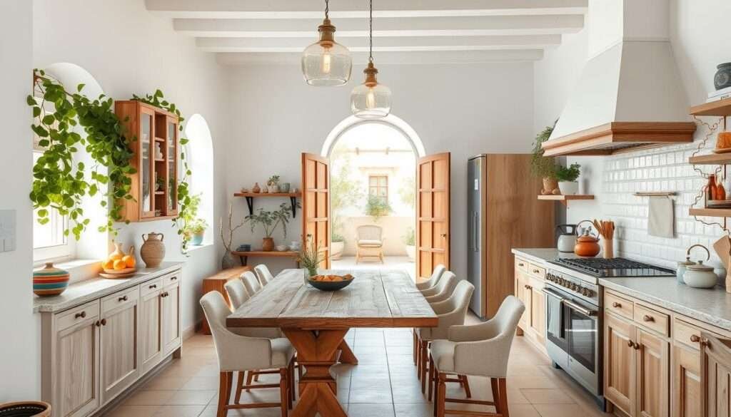 A bright, airy kitchen bathed in soft Mediterranean light. Whitewashed walls and natural wood cabinets create a soothing, coastal ambiance. Accents of azure, terracotta, and citrine pop against the neutral palette, echoing the vibrant hues of the nearby sea. Cascading greenery spills from windowsills, while a rustic wooden dining table and linen-upholstered chairs invite relaxed gatherings. Shimmering glass pendants hang overhead, casting a warm glow and complementing the sand-toned tile floors. Weathered brass hardware and a vintage-inspired range hood add refined, vintage-inspired touches. An open archway frames a glimpse of a tranquil courtyard beyond, blurring the boundaries between indoors and out.