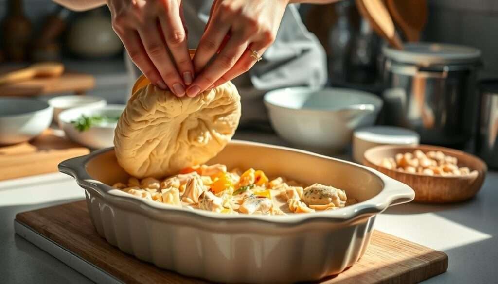 A bright, airy kitchen scene showcasing the assembly steps for a homemade chicken pot pie. In the foreground, a set of clean, well-worn hands carefully layers a golden-brown biscuit crust into a deep ceramic baking dish. The middle ground reveals the filling - tender chicken, fragrant vegetables, and a rich, creamy sauce. In the background, additional ingredients and kitchen tools are neatly arranged, creating a sense of order and culinary expertise. Soft, natural lighting illuminates the scene, casting warm shadows and highlighting the textures of the ingredients. The overall mood is one of homespun comfort and culinary mastery.