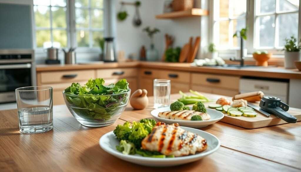 A bright, airy kitchen setting with a wooden table in the foreground featuring several low-calorie meal preparation items: a salad bowl filled with fresh greens, a plate of steamed broccoli and grilled chicken, a glass of water, and a cutting board with sliced vegetables. The middle ground showcases a well-equipped kitchen counter with various healthy cooking tools and ingredients, such as a blender, spices, and fresh herbs. The background features large windows letting in natural light, creating a warm and inviting atmosphere. The scene conveys a sense of healthy, wholesome cooking that aligns with the article's focus on high-protein, low-carb dinner recipes for weight loss and muscle gain.