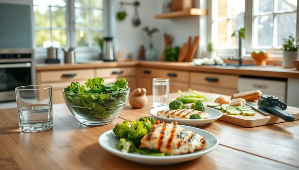 A bright, airy kitchen setting with a wooden table in the foreground featuring several low-calorie meal preparation items: a salad bowl filled with fresh greens, a plate of steamed broccoli and grilled chicken, a glass of water, and a cutting board with sliced vegetables. The middle ground showcases a well-equipped kitchen counter with various healthy cooking tools and ingredients, such as a blender, spices, and fresh herbs. The background features large windows letting in natural light, creating a warm and inviting atmosphere. The scene conveys a sense of healthy, wholesome cooking that aligns with the article's focus on high-protein, low-carb dinner recipes for weight loss and muscle gain.