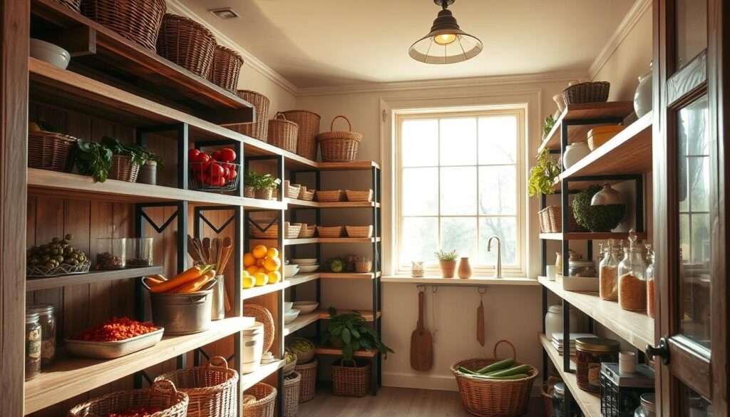 A bright, airy pantry with warm, natural lighting cascading through a large window, illuminating repurposed wooden shelves and baskets brimming with vibrant produce and spices. Soft, earthy tones complement the rustic textures, creating a harmonious, inviting atmosphere. Sleek, modern light fixtures punctuate the space, casting a gentle glow and accentuating the interplay of light and shadow. The overall design exudes a sense of balance, functionality, and elevated style, inspiring a desire to linger and organize one's kitchen with intention.