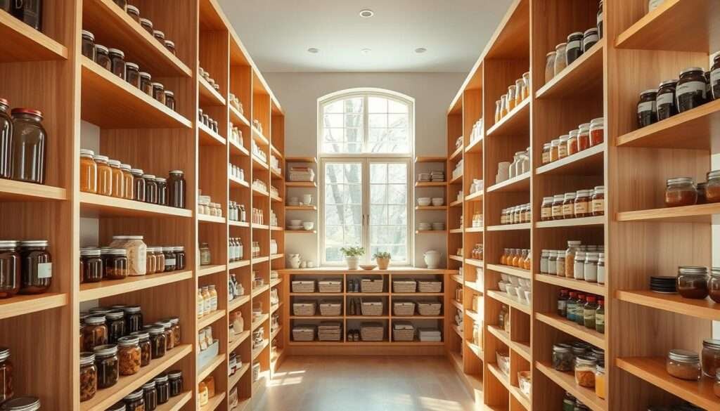 A bright, airy walk-in pantry with meticulously organized floor-to-ceiling shelves. The shelves are made of sleek, honey-toned wood, creating a warm, inviting ambiance. An abundance of jars, cans, and neatly labeled containers line the shelves, showcasing a harmonious blend of textures and colors. Soft, natural light filters in from a large window, casting a gentle glow across the space. The overall atmosphere conveys a sense of calm efficiency, where function and aesthetics seamlessly coexist. The camera is positioned at a slight angle, capturing the depth and grandeur of the space, highlighting the luxurious yet practical nature of this walk-in pantry design.