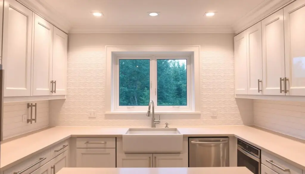 A bright, airy white kitchen with a stunning textured backsplash that adds depth and visual interest. The cabinets have a sleek Shaker-style design, complemented by polished chrome hardware. Warm, even lighting from recessed ceiling fixtures casts a gentle glow, creating a welcoming atmosphere. The kitchen countertops are a neutral hue, seamlessly blending with the white walls and cabinetry. A large window above the sink allows natural light to flood the space, accentuating the kitchen's monochromatic elegance. The textured backsplash, perhaps featuring a subtle pattern or slight variation in tile color, serves as the room's focal point, elevating the overall aesthetic.