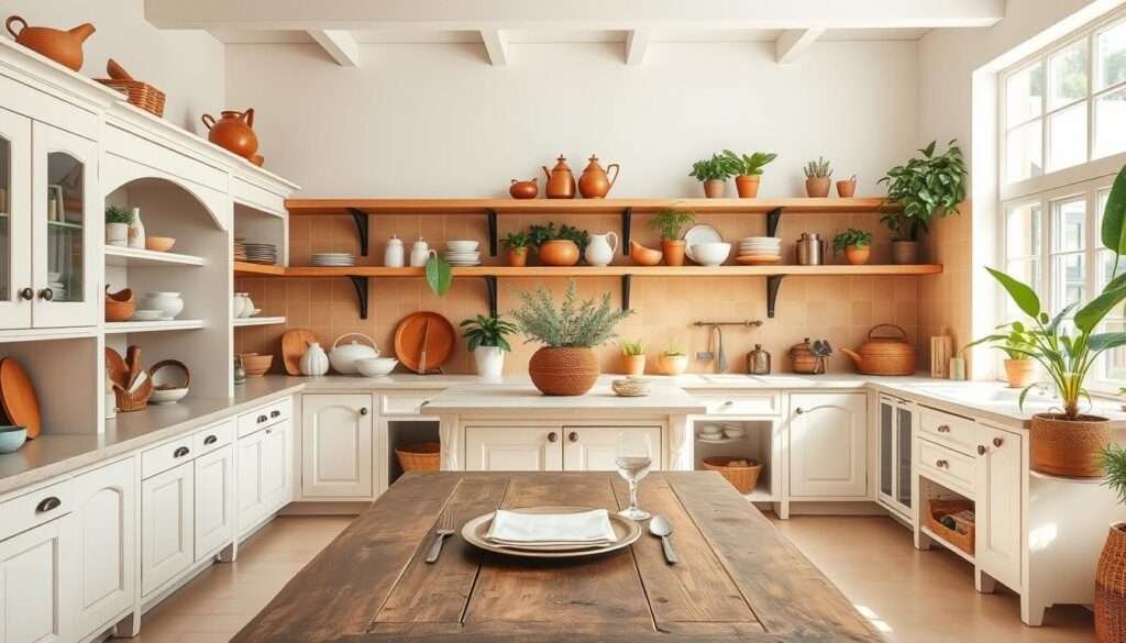 A bright and airy Mediterranean kitchen with an open shelving design. The foreground features a rustic wooden table with a simple table setting, surrounded by light-colored cabinets and shelves displaying various kitchen accessories. The middle ground showcases the open shelving system, showcasing ceramic dishware, copper pots, and lush potted plants. The background reveals large windows that flood the space with natural light, complemented by warm, Mediterranean-inspired wall tiles and a neutral color palette. The overall atmosphere is one of relaxed, coastal elegance, perfect for a sunny, Spanish-influenced cooking space.