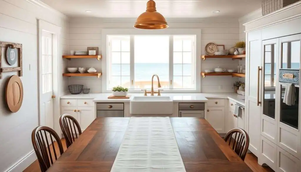 A bright and airy nautical kitchen with gleaming brass hardware and accents. In the foreground, a farmhouse-style wooden table is adorned with a crisp white tablecloth, complemented by rustic wooden chairs. On the walls, shiplap paneling in a soft white hue creates a cozy, seaside ambiance. The middle ground features a large farmhouse-style sink with polished brass hardware, flanked by open wooden shelves displaying stoneware and vintage-inspired décor. Overhead, a brass pendant light casts a warm glow, illuminating the space. In the background, French doors allow natural light to flood the room, hinting at a picturesque ocean view beyond. The overall scene exudes an elegant, nautical charm perfect for a culinary haven.