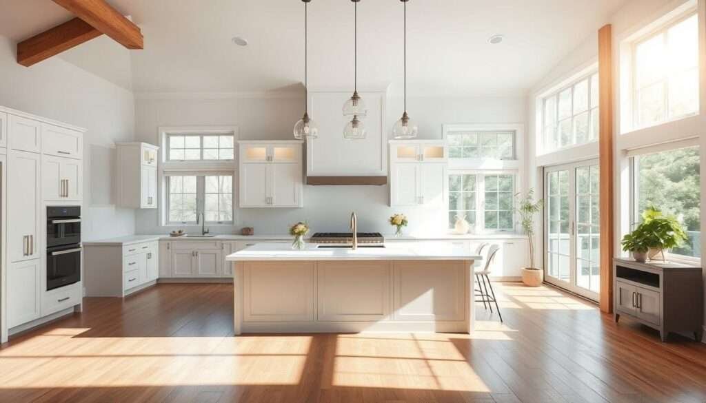A bright and airy open concept kitchen, bathed in warm natural light streaming through expansive windows. The minimalist design features clean white cabinetry, sleek quartz countertops, and a stunning centerpiece island with a waterfall edge. Overhead, a trio of modern pendant lights cast a soft glow, while the wood-toned flooring and exposed beams add rustic charm. The space feels effortlessly elegant, the epitome of minimalist style blended with cozy farmhouse flair.