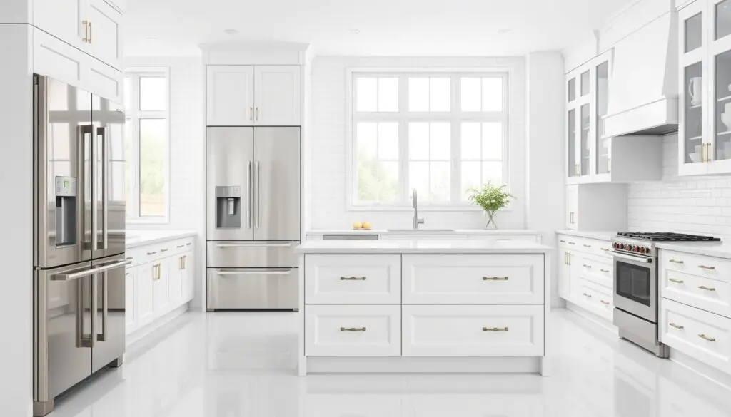 A bright and modern white kitchen with vibrant appliances that pop against the clean backdrop. In the foreground, a large stainless steel refrigerator and oven with sleek, minimalist designs stand out prominently. In the middle ground, a gleaming white kitchen island with a marble countertop serves as the focal point, surrounded by pristine white cabinets and drawers. The background features white subway tile walls and large windows that allow natural light to flood the space, creating an airy and inviting atmosphere. The overall scene conveys a sense of elegant simplicity, with the vibrant appliances adding a bold and stylish contrast to the pristine white palette.