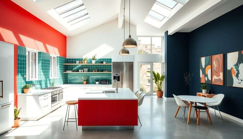 A bright, open-concept kitchen bathed in warm natural light, with bold, vibrant colors and modern, minimalist design. Sleek white cabinets and countertops complement rich, jewel-toned accents - deep emerald green backsplash tiles, a crimson red kitchen island, and a striking navy blue feature wall. Abundant windows and skylights create a airy, inviting atmosphere, while industrial-chic pendant lights and stainless steel appliances add an urban, loft-like aesthetic. High ceilings and an open floor plan give a sense of spaciousness, while carefully curated decor elements like potted plants and abstract artwork inject personality and style. The overall impression is one of a stylish, inviting space perfect for modern living.