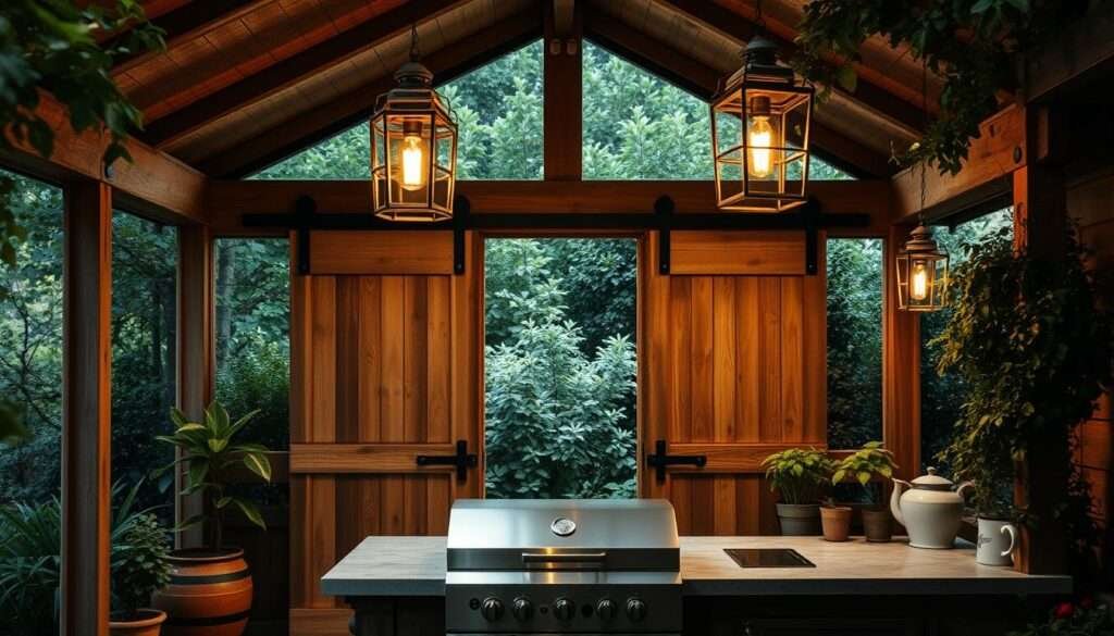 A charming farmhouse outdoor kitchen nestled in a lush, verdant setting. The focal point is a set of sliding barn doors, their rustic wooden planks and hardware creating a striking visual contrast against the surrounding greenery. The kitchen itself is equipped with a Blackstone griddle, its shiny surface gleaming under the warm, golden light cast by vintage-style lanterns hanging overhead. Weathered wooden beams and a pitched roof add to the cozy, inviting ambiance, while a mix of potted plants and lush foliage create a natural, idyllic backdrop. The scene is bathed in a soft, diffused light, lending an atmospheric, almost dreamlike quality to the entire composition.