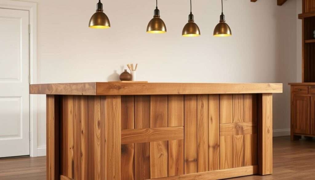 A charmingly rustic kitchen island, its exposed wooden joinery standing as a testament to the skilled craftsmanship. The warm glow of pendant lights casts a cozy ambiance, illuminating the natural grains and knots of the handcrafted timber. Situated against a minimalist backdrop, the island's simple elegance becomes the centerpiece, inviting the viewer to appreciate the beauty in the details. The overall composition captures the essence of a handmade, artisanal space, perfect for a 2025 kitchen makeover that celebrates timeless design and honest materials.
