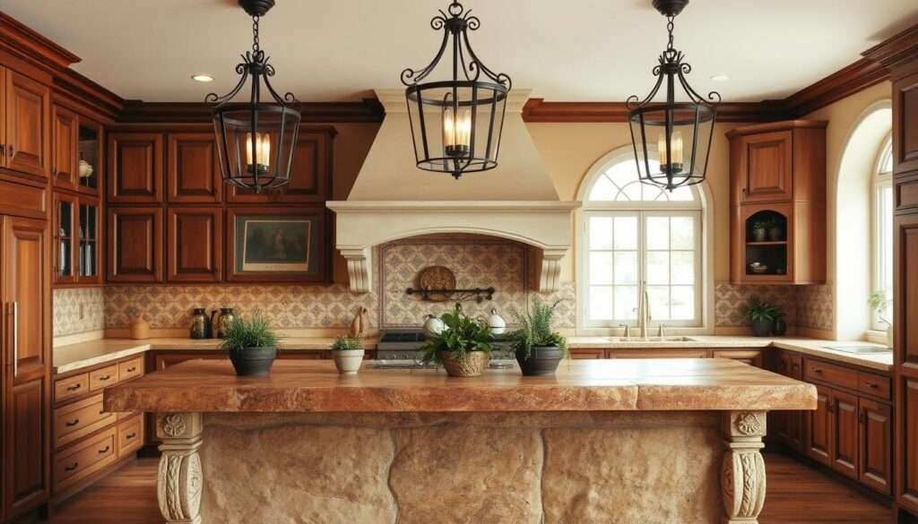 A classic Tuscan kitchen island design with warm, earthy tones. The island is made of rustic stone or weathered wood, with a substantial, solid countertop. Elegant wrought-iron light fixtures hang overhead, casting a soft, ambient glow. Decorative ceramic tiles line the backsplash, complementing the aged, textured surfaces. The island is situated in a spacious, light-filled kitchen, with ample cabinetry and storage. Potted herbs or fresh flowers adorn the island, adding a touch of natural, organic charm. The overall atmosphere is one of timeless elegance and functional utility, reflecting the signature style of Tuscan kitchen design.
