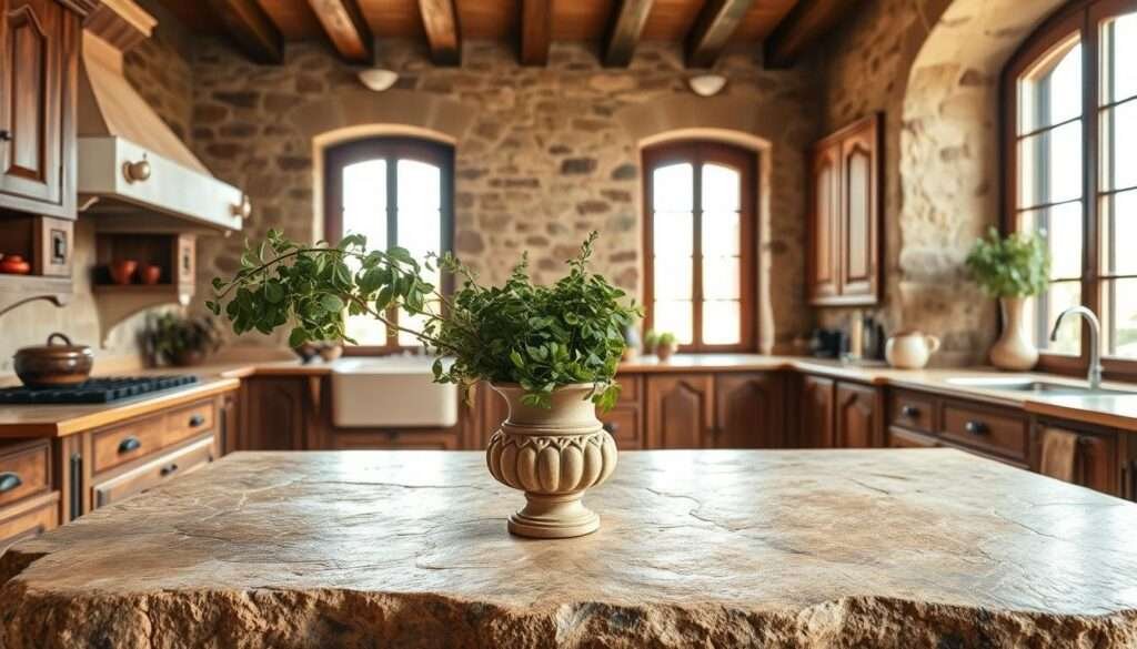 A classic Tuscan kitchen with natural stone elements. In the foreground, a rustic stone countertop with hand-carved details, supporting an ornate vase of fresh herbs. In the middle ground, solid stone walls in a warm, earthy tone, accentuated by the soft, diffused lighting filtering through large windows. In the background, traditional wooden cabinetry, its aged patina complementing the stone finishes. The overall atmosphere exudes a timeless, inviting charm, transporting the viewer to the heart of the Tuscan countryside.