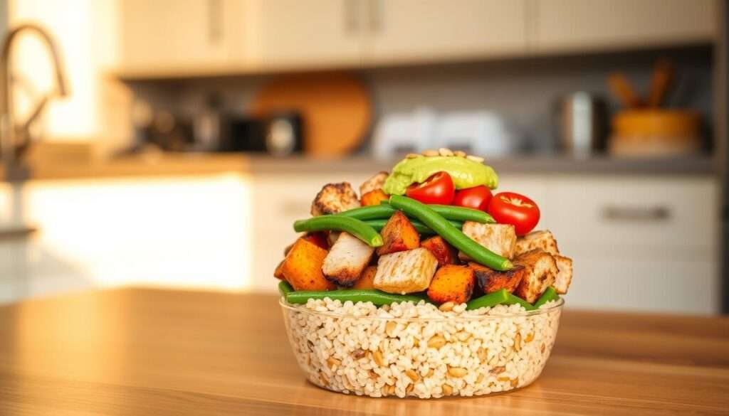 A clean, well-lit kitchen counter showcases a layered meal prep bowl. In the foreground, a bed of fluffy quinoa forms the base, topped with vibrant roasted sweet potato cubes and tender blackened chicken bites. The middle layer features a scattering of crisp green beans and juicy cherry tomatoes, while the background holds a dollop of creamy avocado sauce and a sprinkle of toasted pumpkin seeds. Warm, directional lighting casts a soft glow, highlighting the appetizing textures and colors. The composition is visually balanced, inviting the viewer to savor this nourishing, flavorful meal.