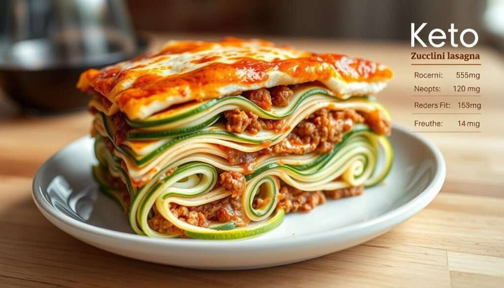 A close-up, high-resolution photograph of a perfectly plated keto zucchini lasagna, shot with a professional-grade DSLR camera using natural lighting and a macro lens. The layered dish features thinly sliced zucchini noodles, creamy ricotta cheese, savory ground beef, and a vibrant tomato sauce. The composition showcases the lasagna's delicate construction and mouthwatering appeal, with a clean, minimalist background that highlights the dish's nutritional information displayed alongside. The image radiates a warm, inviting atmosphere, capturing the healthy and indulgent nature of this keto-friendly comfort food.