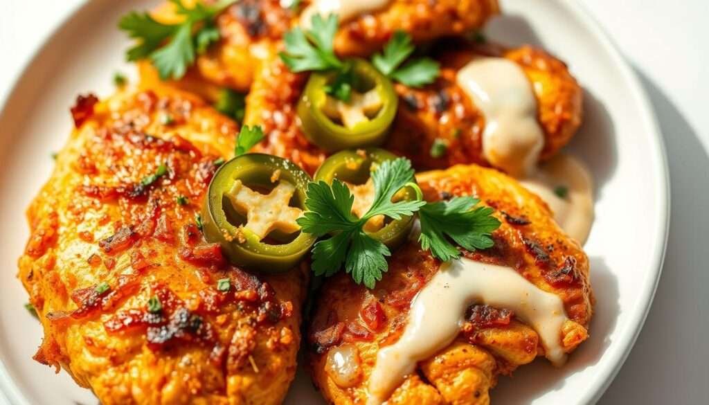 A close-up, high-resolution photograph of a plate of low-carb jalapeño popper chicken. The chicken is golden-brown, with a crispy, seasoned skin. Slices of fresh jalapeño peppers are visible, nestled within the juicy chicken. The dish is garnished with fresh parsley and a drizzle of creamy, tangy sauce. The plate is set against a simple, clean white background, which highlights the vibrant colors and textures of the food. The lighting is soft and natural, casting gentle shadows and emphasizing the dish's inviting appearance. The angle is slightly tilted, giving the viewer a dynamic, three-dimensional perspective of the delectable chicken.