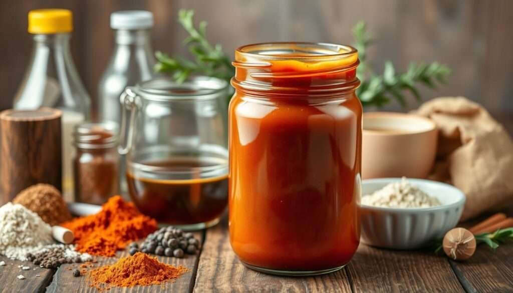 A close-up shot of an assortment of sugar-free BBQ sauce ingredients arranged on a rustic wooden table. In the foreground, various spices and seasonings like paprika, garlic powder, onion powder, and ground black pepper are neatly displayed. In the middle ground, a mason jar filled with a thick, glossy, and caramel-colored sugar-free BBQ sauce takes center stage, accompanied by a small bowl of apple cider vinegar. In the background, a few sprigs of fresh thyme and rosemary add a touch of natural greenery to the composition. The lighting is soft and warm, creating a cozy and inviting atmosphere, highlighting the rich, savory tones of the ingredients.